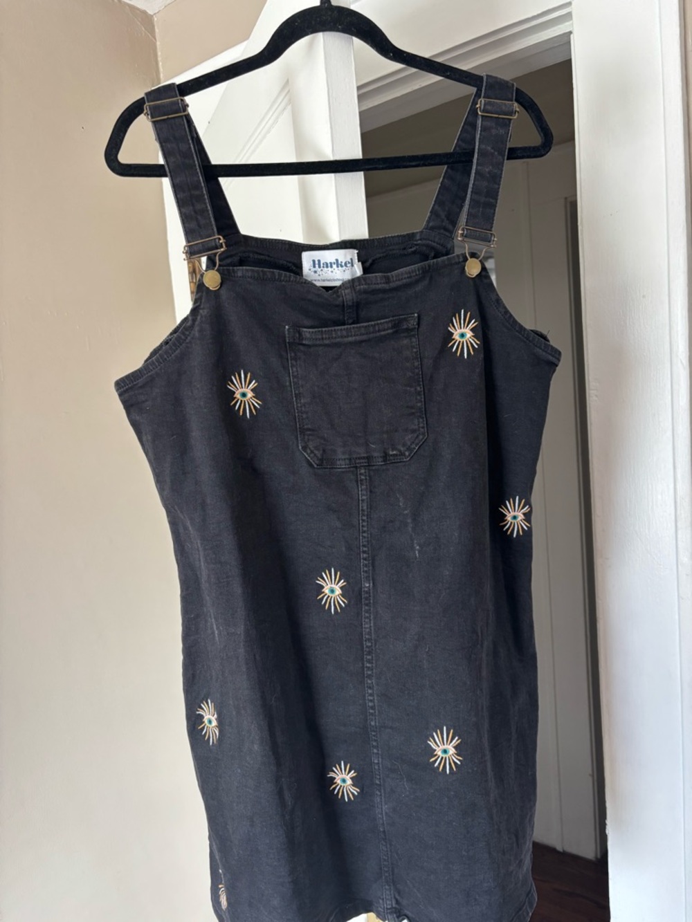 Harkel Black Embroidered Denim Pinafore Dress